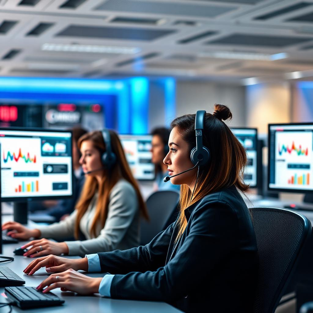Call center agents working at modern workstations with analytics dashboards
