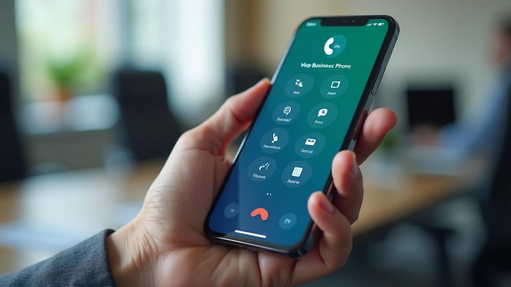 VoIP business phone app on mobile device showing call controls and professional interface