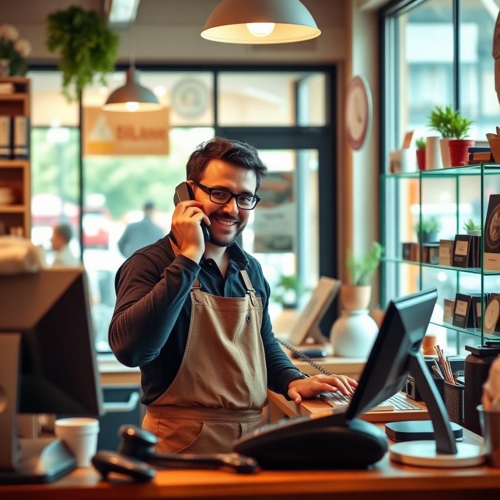 Small business owner answering a customer call at the front counter