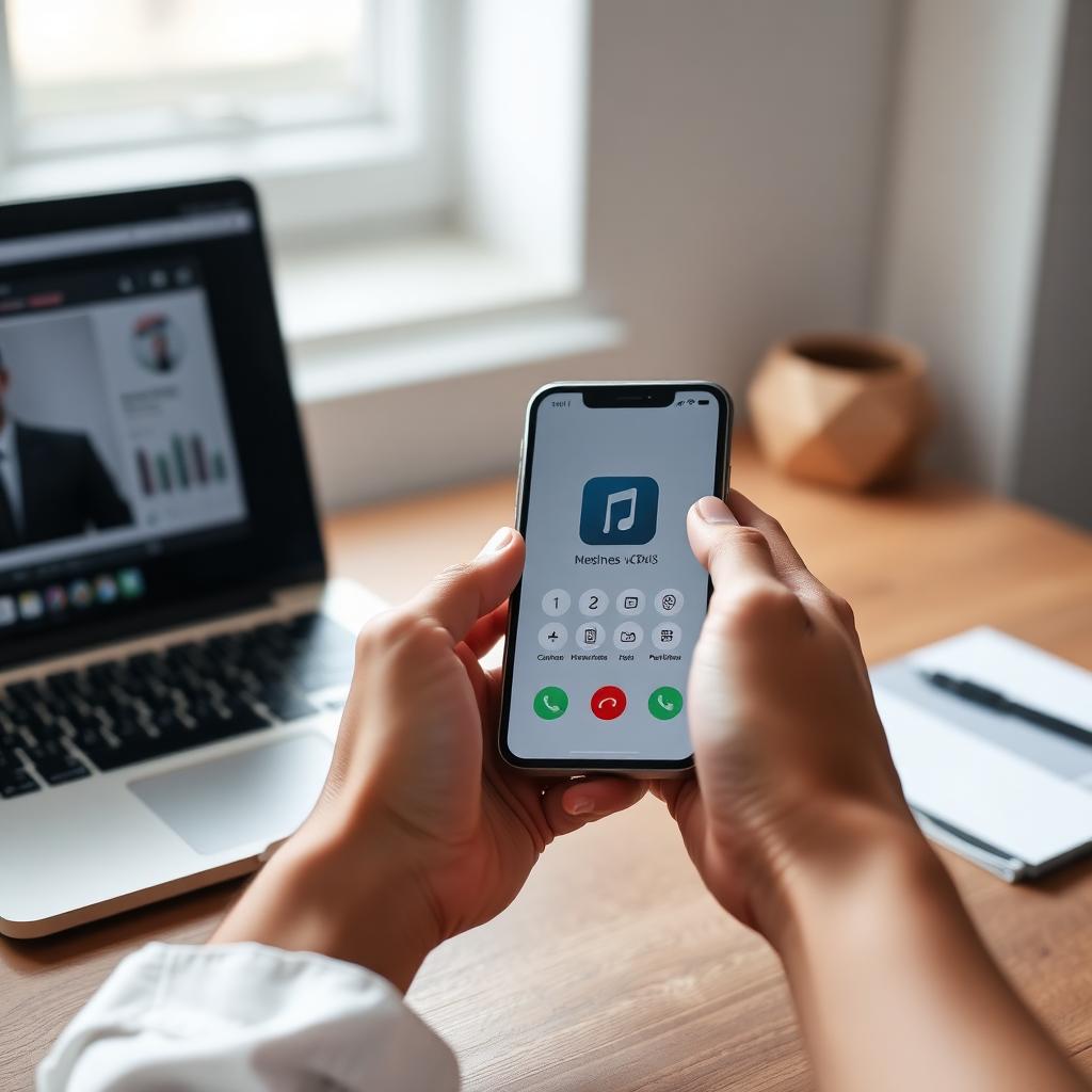 Business phone app on a smartphone next to a laptop